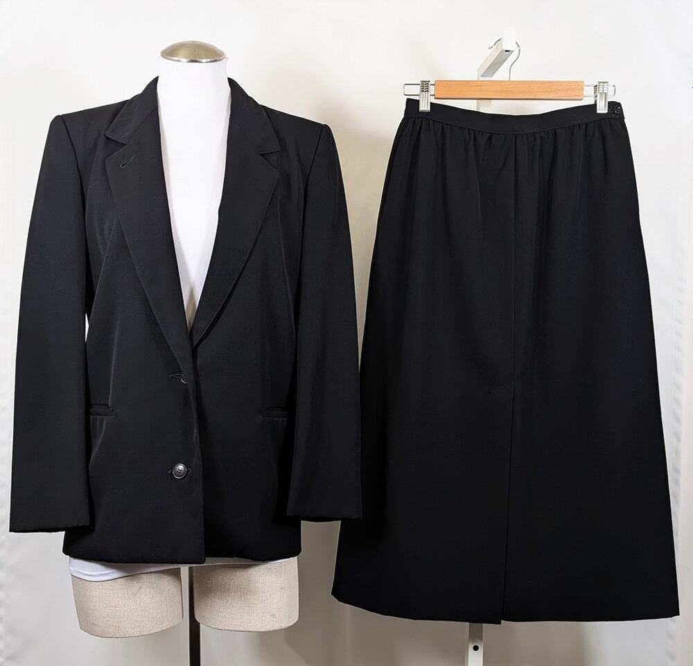 Vintage 70s Skirt Suit Calvin Klein Black Jacket Business Size 8 10 IGLWU